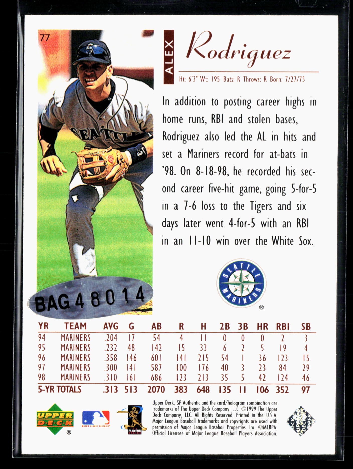 1999 SP Authentic #77 Alex Rodriguez auto /408